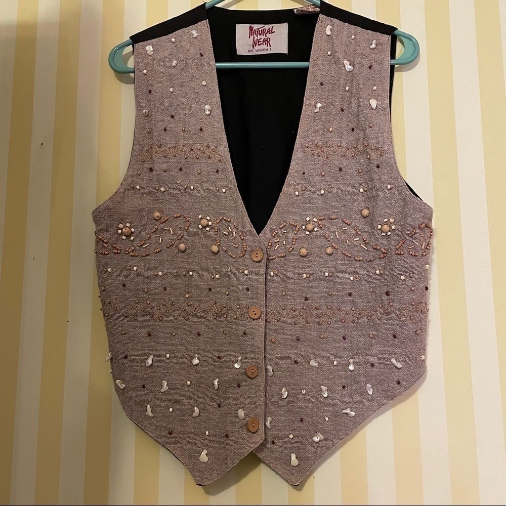 Vintage Natural wear Vision 1 textured vest with wood, shells, beads sz Medium